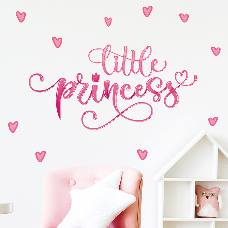 Pink Little Princess Character Crown Wall Stickers for Kids Room Girl Room Wall Decals Home Decorative Stickers Murals Wallpaper