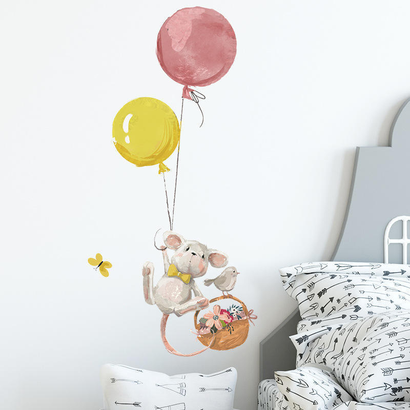 Cartoon Mouse Balloon Flower Basket Wall Stickers for Kids Room Bedroom Nursery Decoration Wall Decal