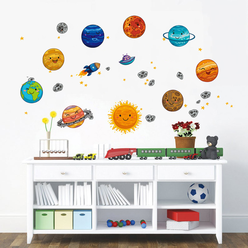 Cartoon Space Planets Astronaut Wall Stickers for Kids Room Living Room Nursery Home Decoration Wall Decal