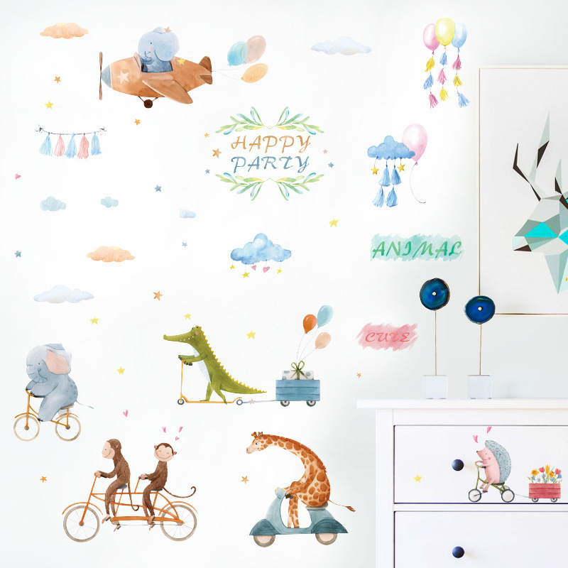 Cute Animal on the Bike Airplane Wall Stickers for Kids Room Bedroom Nursery Home Decoration Wall Decal