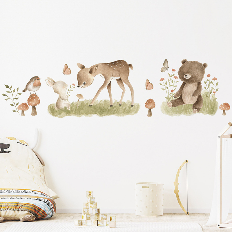 Cartoon Cute Rabbit Deer Grizzly Bear Wall Stickers for Kids Room Bedroom Kindergarten Decoration Wall Decal