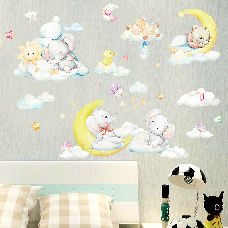 Cartoon Baby Bear Moon Cloud Wall Stickers for Kids Room Bedroom Nursery Home Decoration Wall Decal