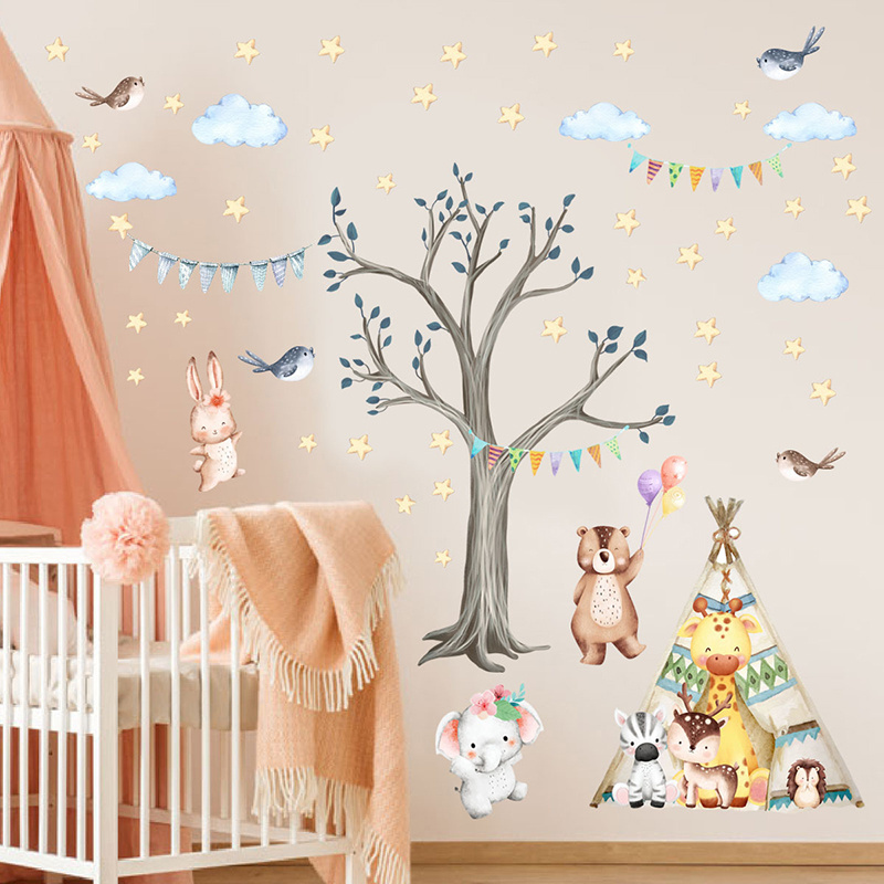 Forest Animals Trees Tent Bear Elephant Wall Stickers for Kids Room Bedroom Nursery Room Decoration Wall Decal