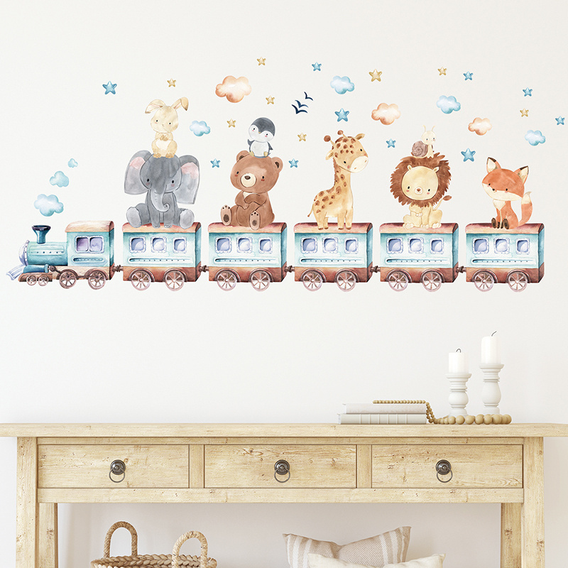 Cartoon Animal Train Wall Stickers For Kids Room Bedroom Nursery Decoration Wall Decal