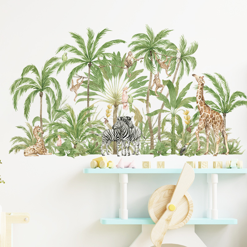 Tropical Plant Coconut Tree Animal Wall Stickers for Kids Room Bedroom Living Room Decoration Wall Decal