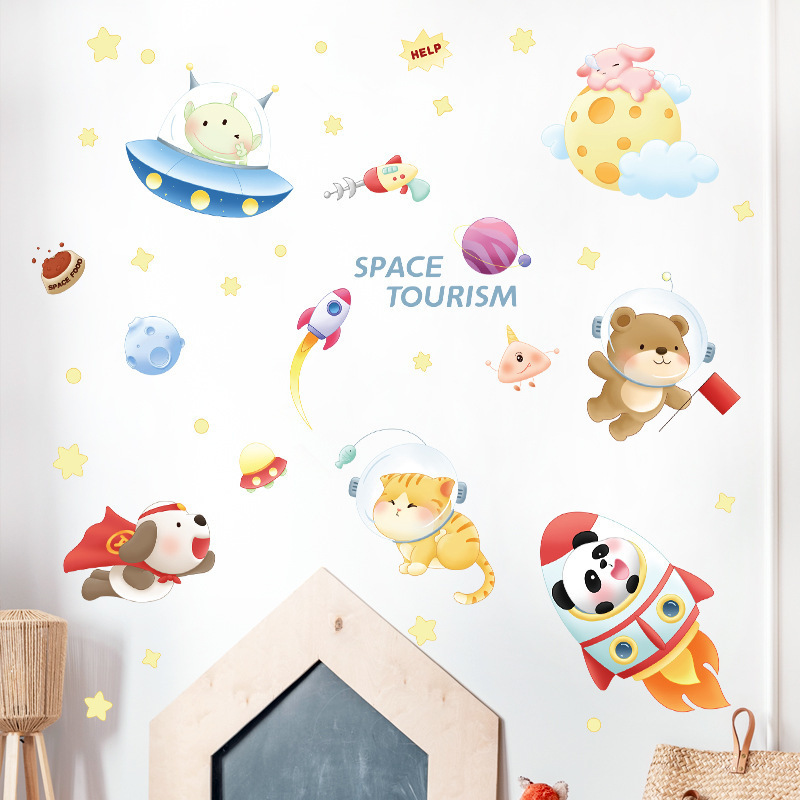 Cartoon Animal Space Travel Wall Stickers for Kids Room Bedroom Nursery Decoration Wall Decal