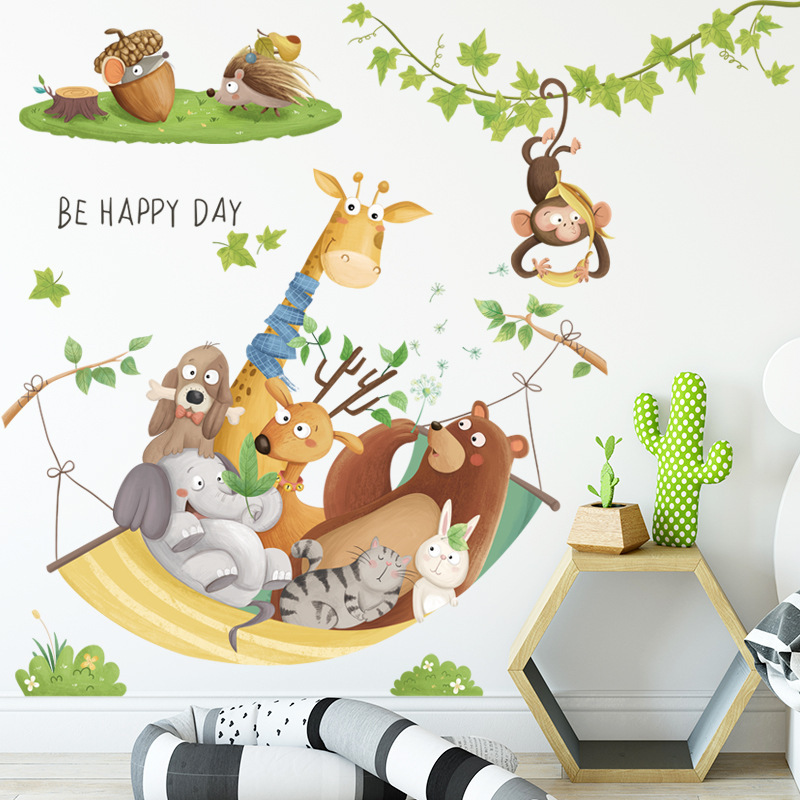 Cartoon Giraffe Lion Monkey Rattan Wall Stickers for Kids Room Bedroom Kindergarten Decoration Wall Decal