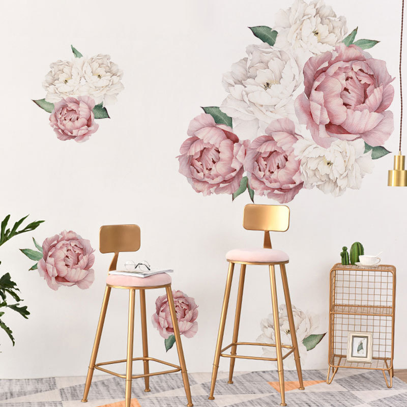 Pink White Peony Flowers Wall Stickers for Kids Room Living Room Bedroom Home Decorative Wall Decal