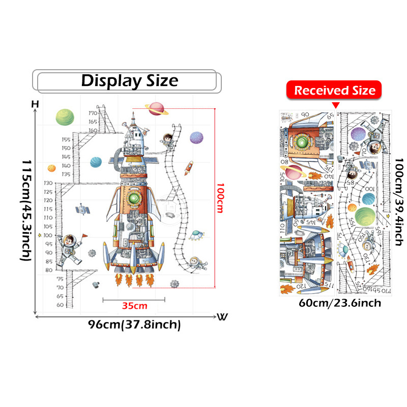 Cartoon Space Rocket Height Measure Wall Stickers for Kids Room Nursery Living Room Decoration Wall Decals