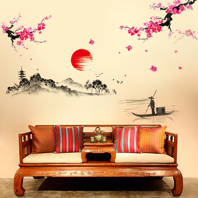 Sunset Distant Mountains Chinese Style Ink Wall Stickers Living Room TV Sofa Background Home Decoration Decals