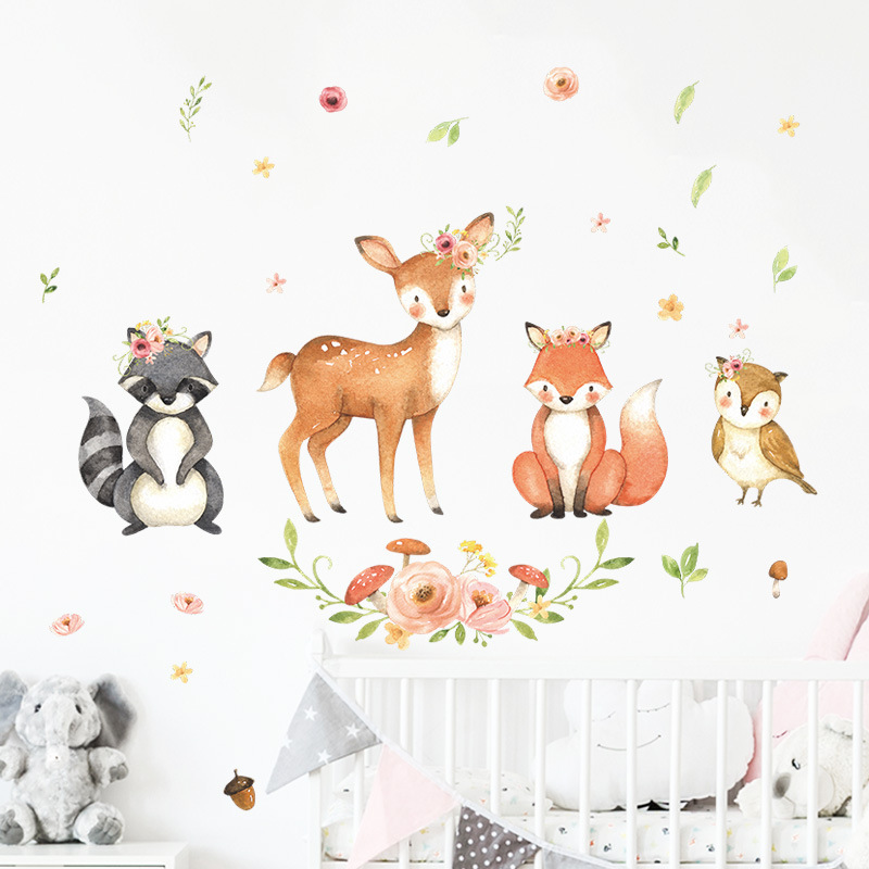 Animals Deer Fox Birds Flowers Wall Stickers for Kids Room Children Baby Room Home Decorative Wall Decal