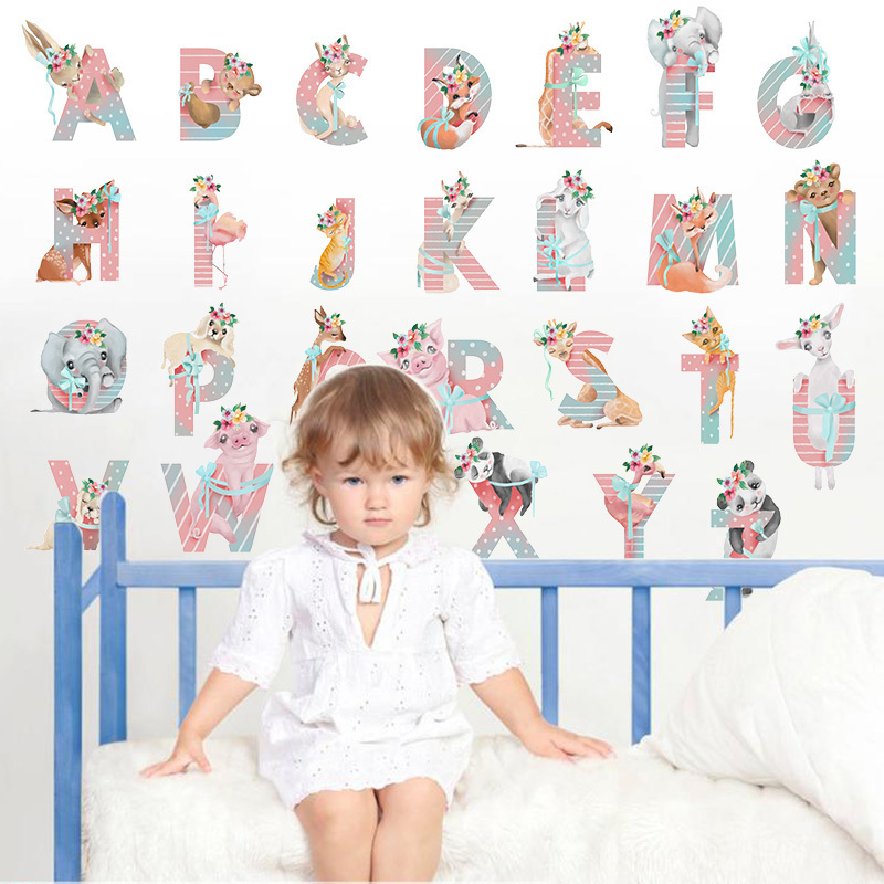 Cartoon Pink Animals Alphabet Wall Decal for Baby Room Living Room Nursery Home Decoration Kids Wall Sticker