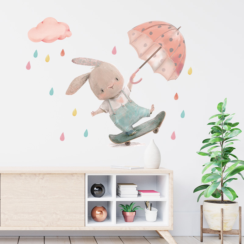 High Quality Cute Boys Bunny Skateboard Wallpaper in the Rain Cool Rabbit Baby Kids Room Interior Decoration Wall Sticker