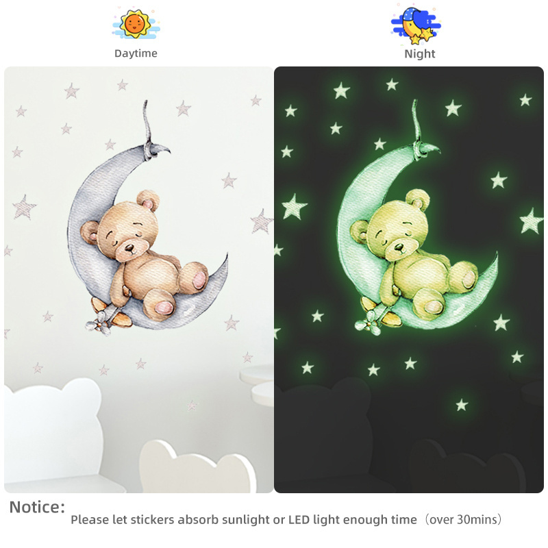 Tiny Cute Luminous Wall Stickers Teddy Bear on the Moon Stars Glow in the Dark Wall Decals for Kids Room Baby Nursery Home Decor