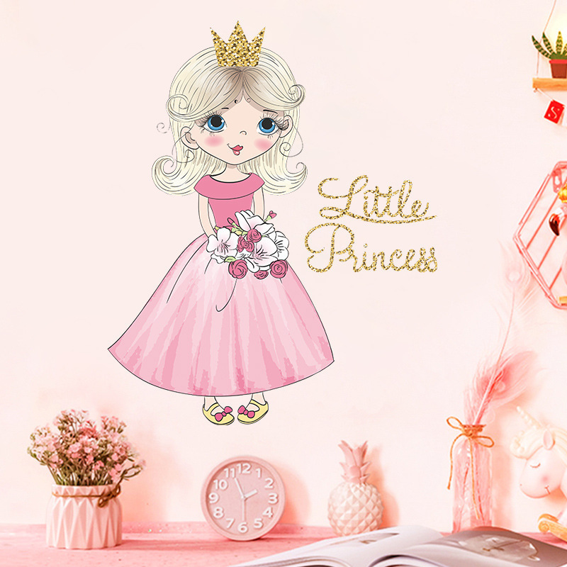 Cartoon Pink Dress Little Princess Wall Stickers for Girl Room Bedroom Kindergarten Decoration Wall Decal