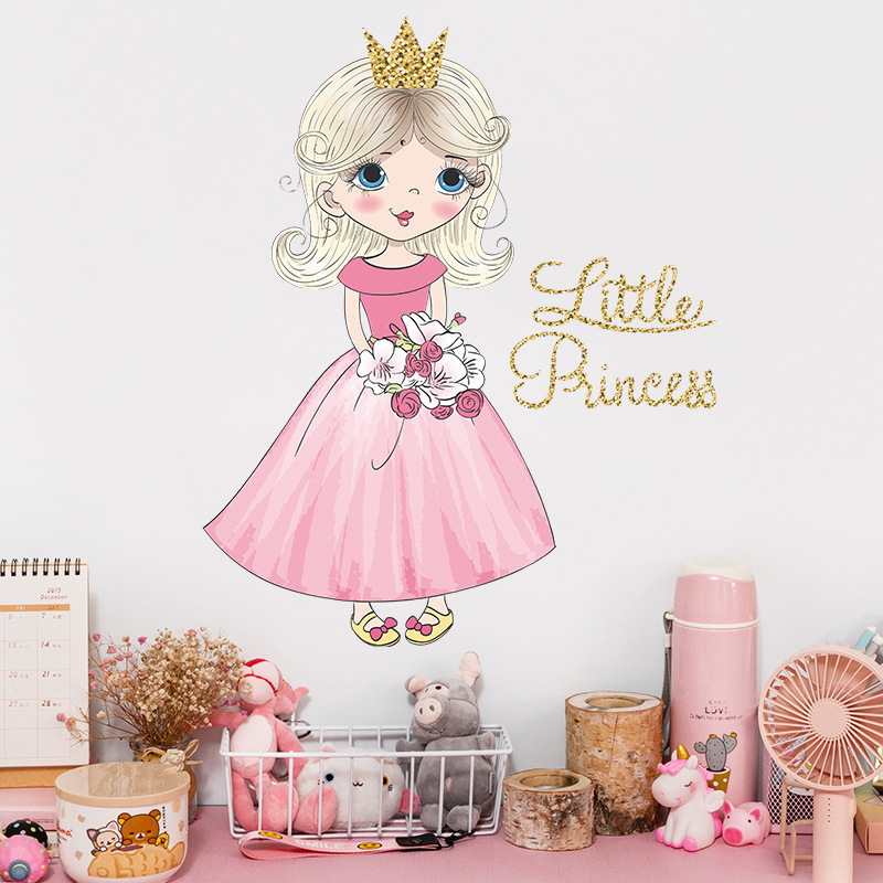 Cartoon Pink Dress Little Princess Wall Stickers for Girl Room Bedroom Kindergarten Decoration Wall Decal