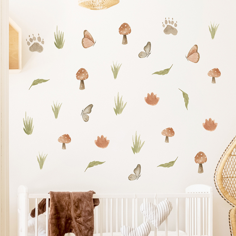 Cartoon Mushroom Butterfly Grass Bear Footprint Wall Stickers for Kids Room Bedroom Kindergarten Decoration Wall Decal