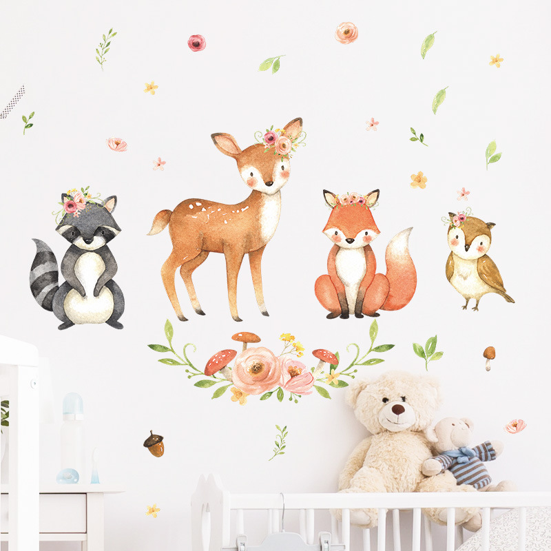 Animals Deer Fox Birds Flowers Wall Stickers for Kids Room Children Baby Room Home Decorative Wall Decal