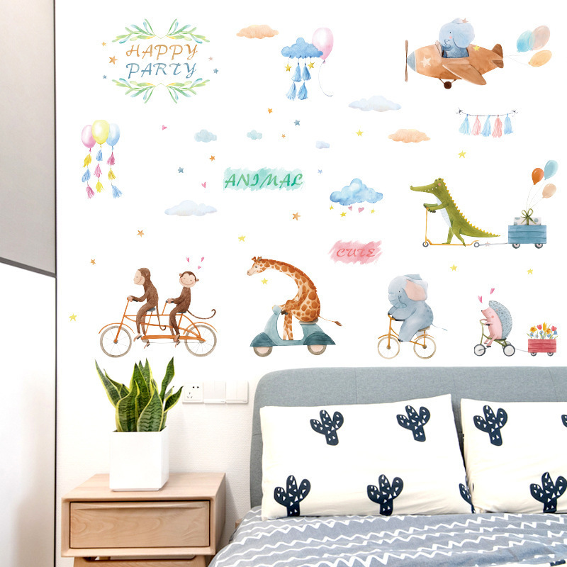 Cute Animal on the Bike Airplane Wall Stickers for Kids Room Bedroom Nursery Home Decoration Wall Decal