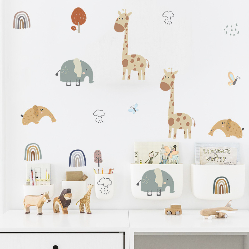 Nordic Style Giraffe Elephant Rainbow Pattern Wall Stickers for Kids Room Nursery Home Decoration Wall Decal