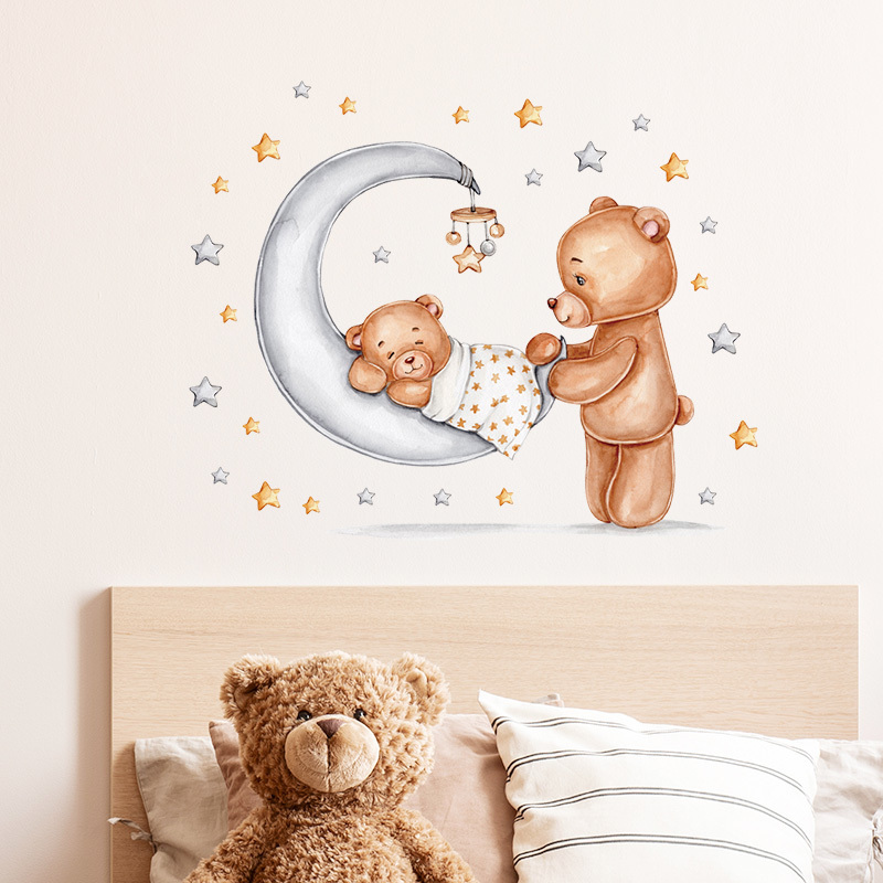 Motherly Love Theme Good Night Bear Wall Stickers for Kids Baby Room Bedroom Decorative Wall Decal