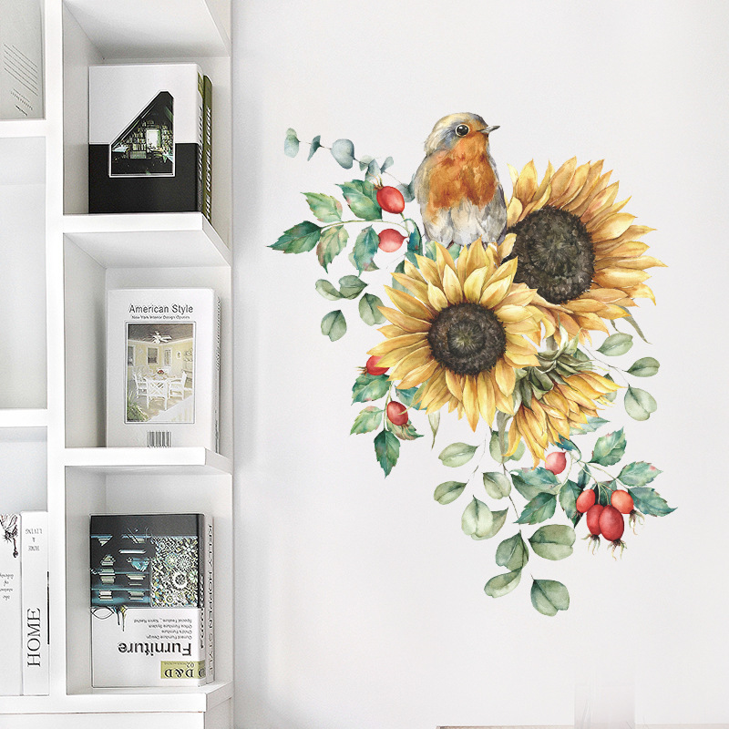 Watercolor Sunflower Birds Butterfly Plants Wall Stickers for Refrigerator Furniture Kitchen Toilet Decorative Wall Decals Pvc