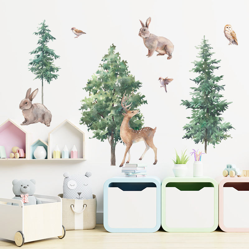 Cartoon Forest Deer Pine and Cypress Wall Stickers for Kids Room Bedroom Nursery Decoration Wall Decal