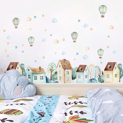 Watercolor House Hot Air Balloon Baseboard Wall Stickers for Kids Room Bedroom Living Room Decoration Wall Decals