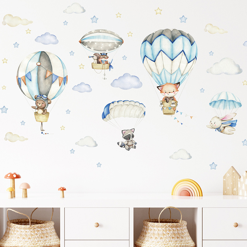 Watercolor Animals Hot Air Balloon Clouds Wall Stickers for Kids Room Baby Room Bedroom Nursery Decoration Wall Decal