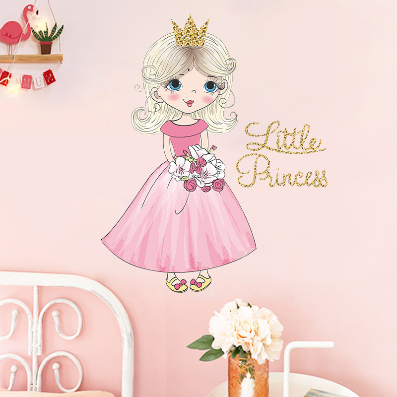 Cartoon Pink Dress Little Princess Wall Stickers for Girl Room Bedroom Kindergarten Decoration Wall Decal