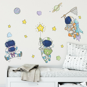 Cartoon Astronauts Catch Stars Wall Stickers for Kids Room Bedroom Nursery Decorative Wall Decal