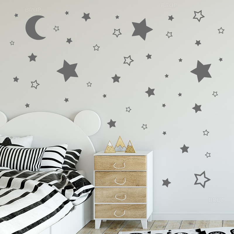 45pcs/set Mix Moon and Stars Vinyl Wall Stickers for Kids Room Bedroom Wall Decals Hallow PVC Stickers Baby Nursery Home Decor