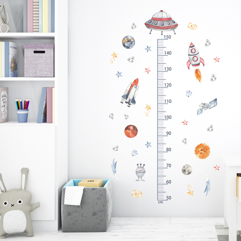 Cartoon Spacecraft Rocket Height Measurement Wall Stickers For Kids Room Bedroom Nursery Decoration Wall Decal