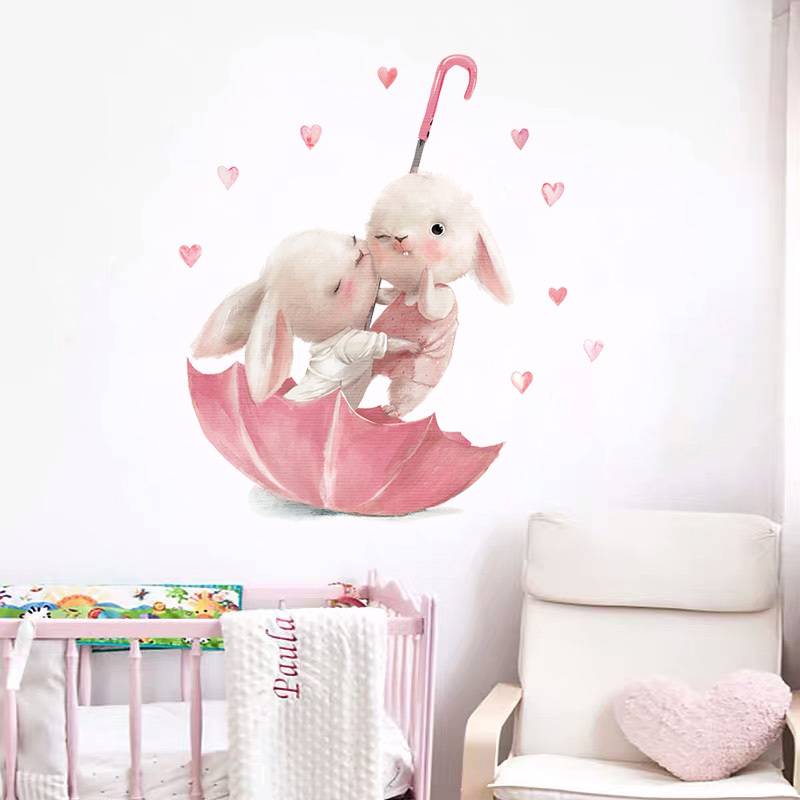 Cute Watercolor Pink Umbrella Rabbit Wallpaper Naughty Bunny Baby Kids Gilr Room Nursery Interior Decorative Wall Sticker