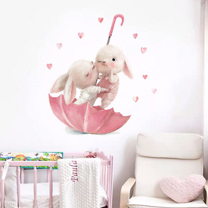 Cute Watercolor Pink Umbrella Rabbit Wallpaper Naughty Bunny Baby Kids Gilr Room Nursery Interior Decorative Wall Sticker