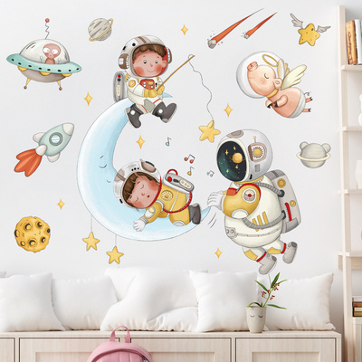 Cartoon Astronaut Outer Space Moon Wall Stickers for Kids Room Bedroom Decoration Wall Decal