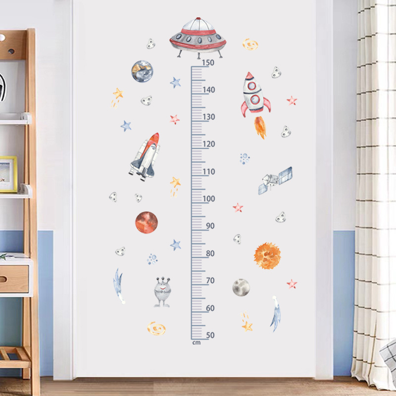 Cartoon Spacecraft Rocket Height Measurement Wall Stickers For Kids Room Bedroom Nursery Decoration Wall Decal