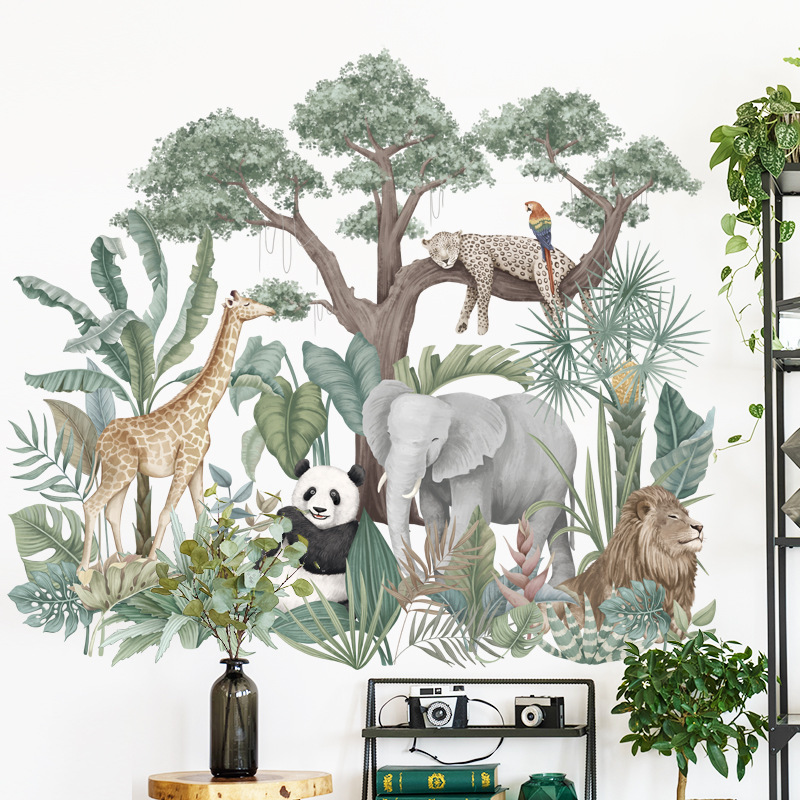 Africa Animals Giraffe Elephant Lion Tropical Plants Wall Stickers for Living Room Kids Room Home Decorative Wall Decal