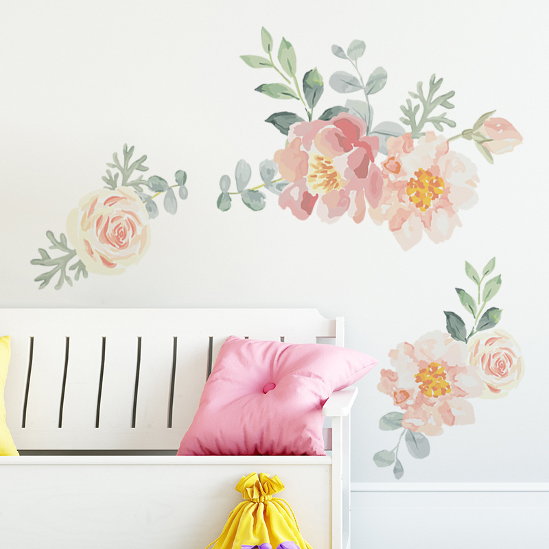 Peony Rose Green Leaves Wall Stickers for Living Room Bedroom Nuresery Home Decoration Wall Decal