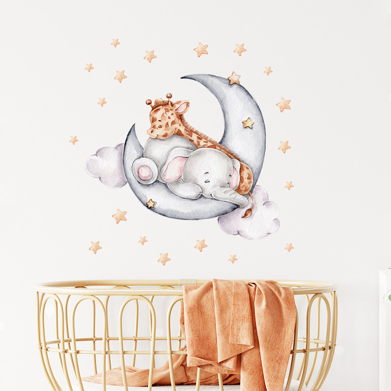 Good Night Baby Elephant and Giraffe Wall Stickers for Kids Baby Room Decorative Wall Decal