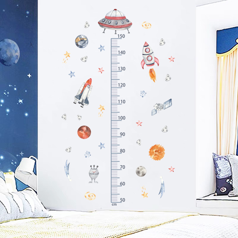 Cartoon Spacecraft Rocket Height Measurement Wall Stickers For Kids Room Bedroom Nursery Decoration Wall Decal