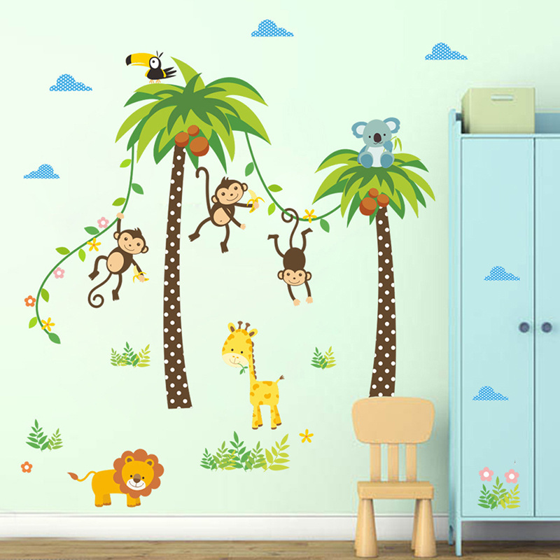 Animals Coconut Tree Monkeys and lion Wall Stickers for Kids Room kindergarten Nursery Decorative Wall Decal