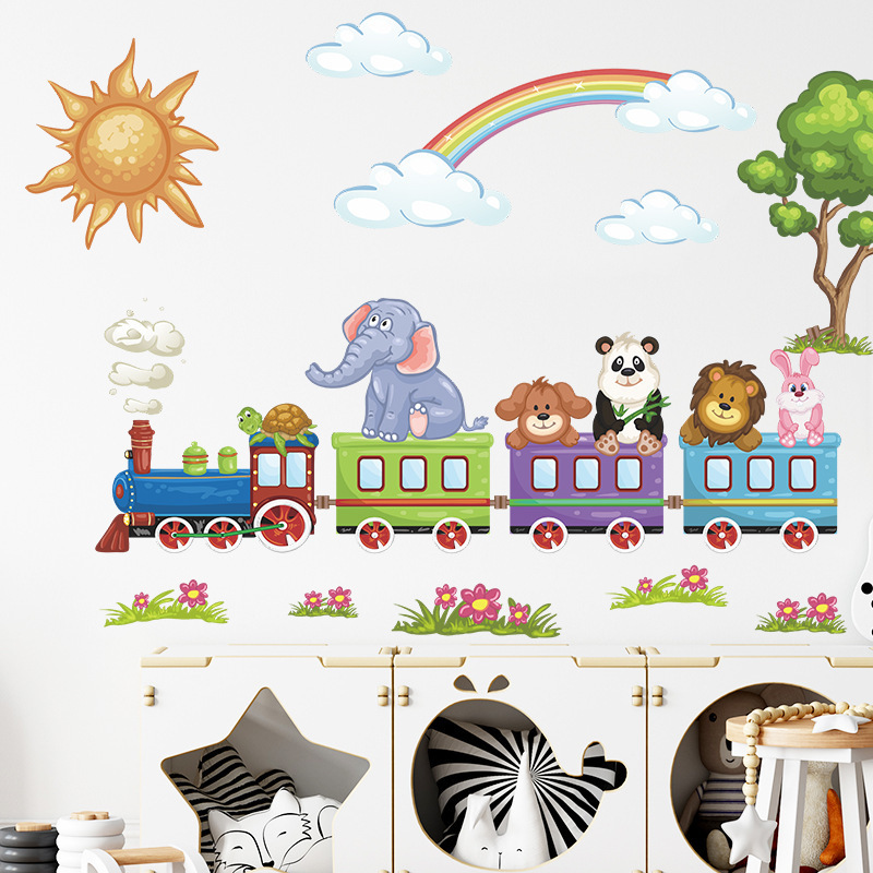 Cartoon Train Sun Rainbow Clouds Wall Decal for Kids Baby Room Bedroom Nursery Decorative Wall Sticker