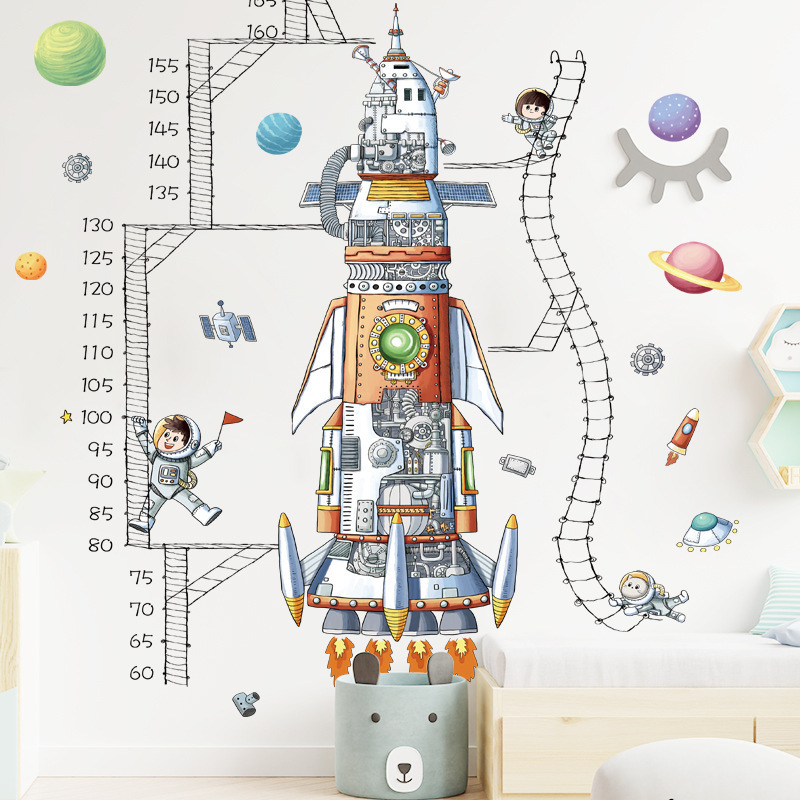 Cartoon Space Rocket Height Measuring Ruler Wall Stickers for Kids Room Nursery Living Room Decoration Wall Decals