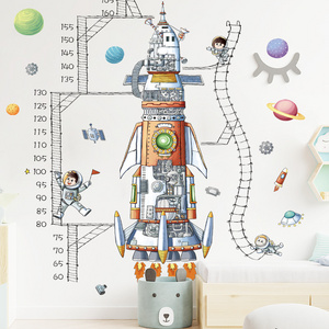 Cartoon Space Rocket Height Measuring Ruler Wall Stickers for Kids Room Nursery Living Room Decoration Wall Decals