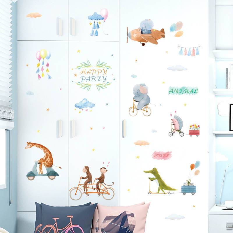 Cute Animal on the Bike Airplane Wall Stickers for Kids Room Bedroom Nursery Home Decoration Wall Decal