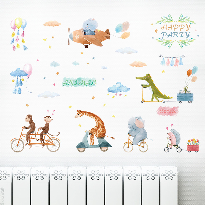 Cute Animal on the Bike Airplane Wall Stickers for Kids Room Bedroom Nursery Home Decoration Wall Decal