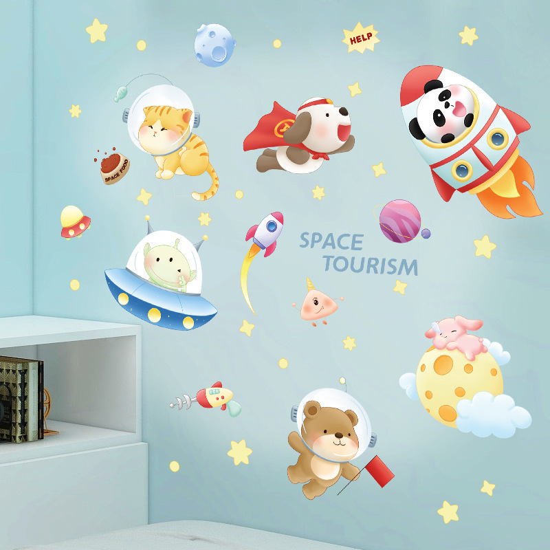 Cartoon Animal Space Travel Wall Stickers for Kids Room Bedroom Nursery Decoration Wall Decal