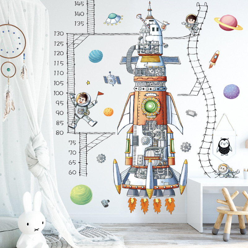 Cartoon Space Rocket Height Measuring Ruler Wall Stickers for Kids Room Nursery Living Room Decoration Wall Decals