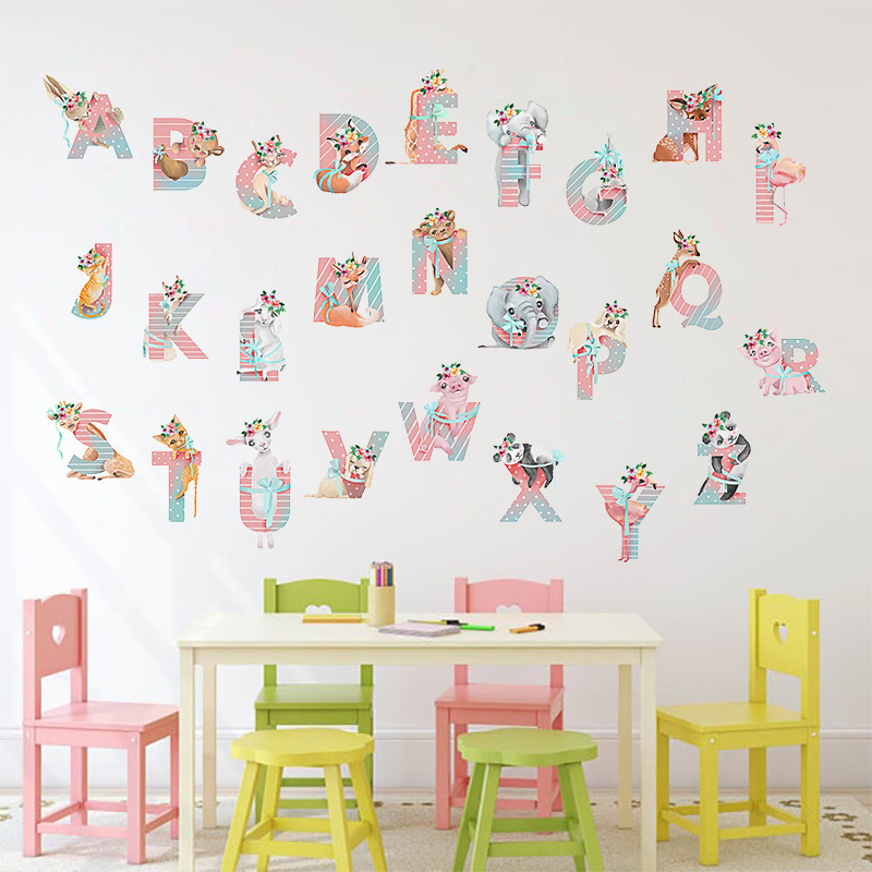 Pink Animals Alphabet Wall Decal for Kids Room Living Room Nursery Decorative Wall Sticker